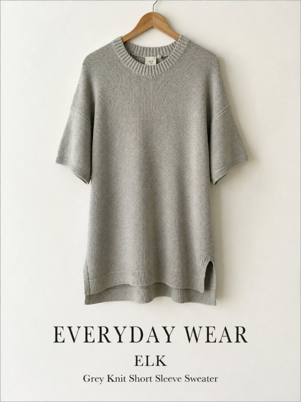 ELK Grey Cotton Wool Knit Sweater Short Sleeve Tunic L XL